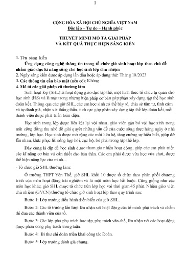 Sáng kiến kinh nghiệm Ứng dụng công nghệ thông tin trong tổ chức giờ sinh hoạt lớp theo chủ đề nhằm giáo dục kĩ năng sống cho học sinh lớp chủ nhiệm